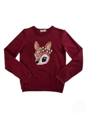 K1424 * H&M Girls Sequin Deer Sweater Long Sleeve Burgundy Red Size 8-10Y